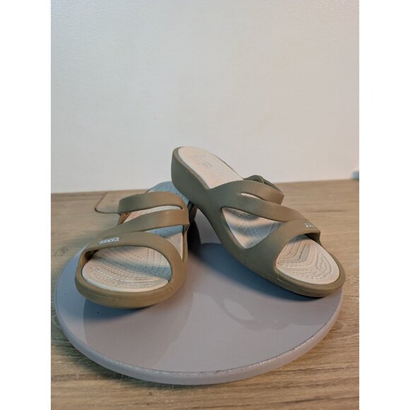 Crocs Sandals Womens 6 Patricia Slip On Slides Beige Open Toe Casual Wedge - Picture 1 of 9